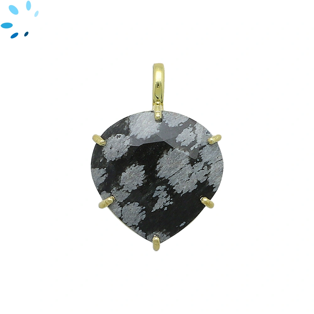 Snowflake Obsidian Heart Prong-Set Pendant Charm 20mm - 18k Gold Plated Sterling Silver - 1 Piece 
