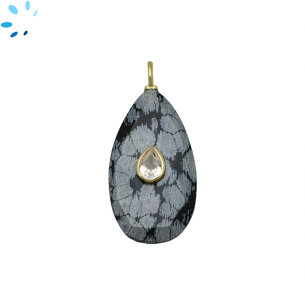 Snowflake Obsidian & White Topaz Pear Inlay Pendant Charm 29x16mm - 18k Gold Plated Sterling Silver - 1 Piece