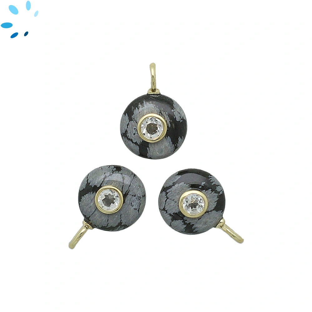 Snowflake Obsidian & White Topaz Round Inlay Charm Pendant 12mm - 18k Gold Plated Sterling Silver - 1 Piece