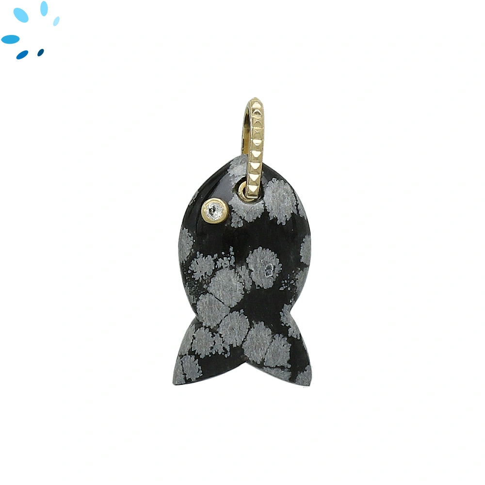 Snowflake Obsidian & White Topaz Vertical Chunky Fish Inlay Pendant Charm 26x15mm - 18k Gold Plated Sterling Silver - 1 Piece