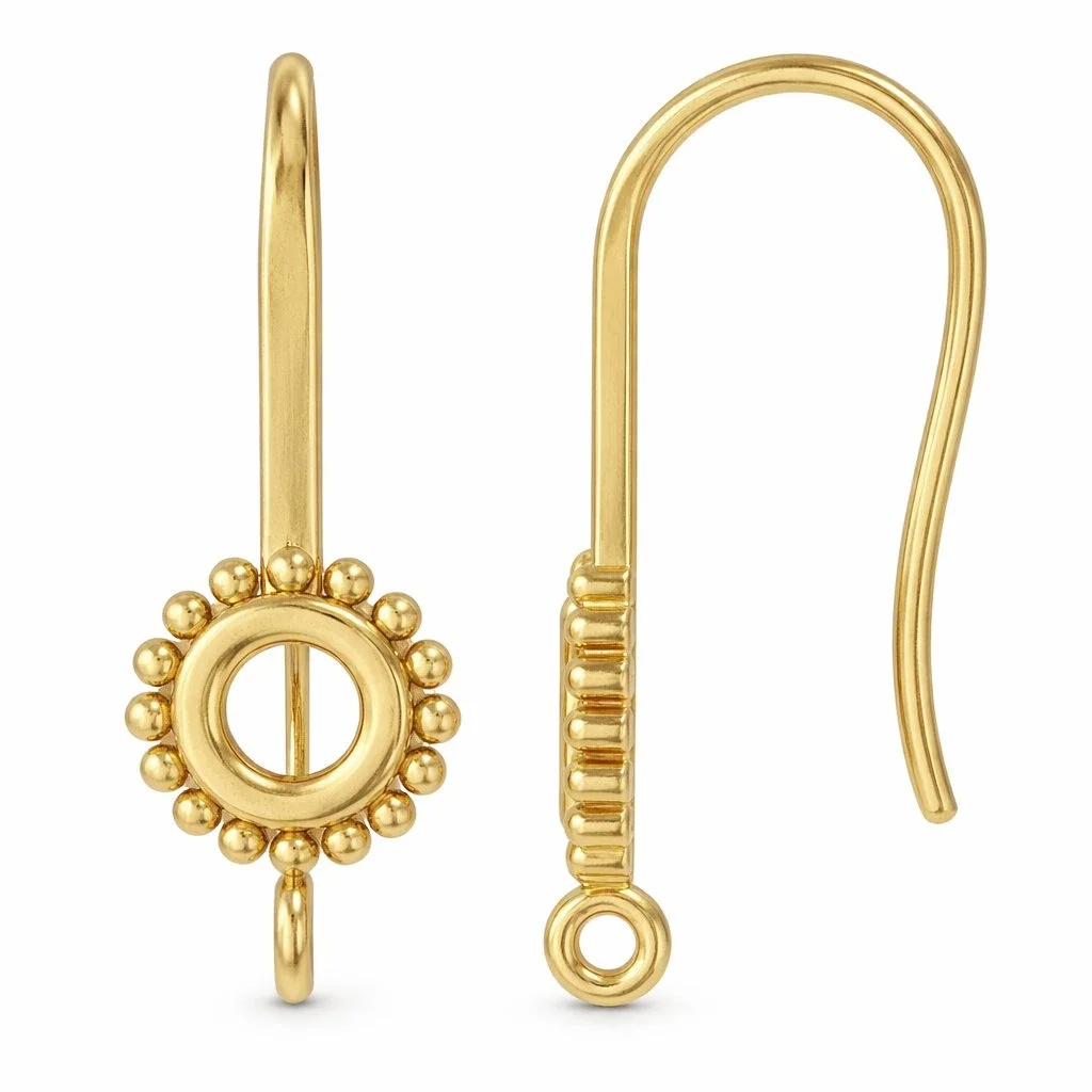 Sterling Silver 18K Gold Plated Beaded Sunflower French Hook Ear Wire with Charm Loop - 1 Pair