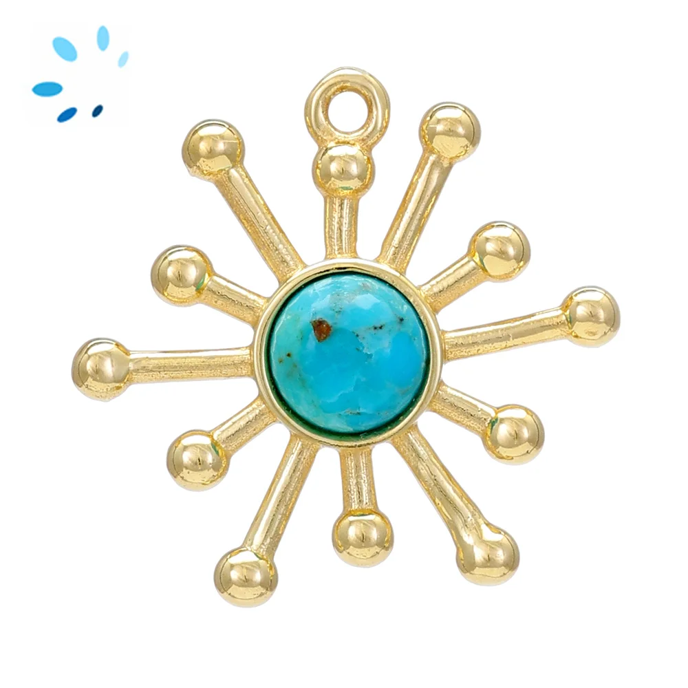 Sterling Silver 18k Gold Plated Block Turquoise Sunburst Pendant Charm Jewelry Finding - 1 Piece