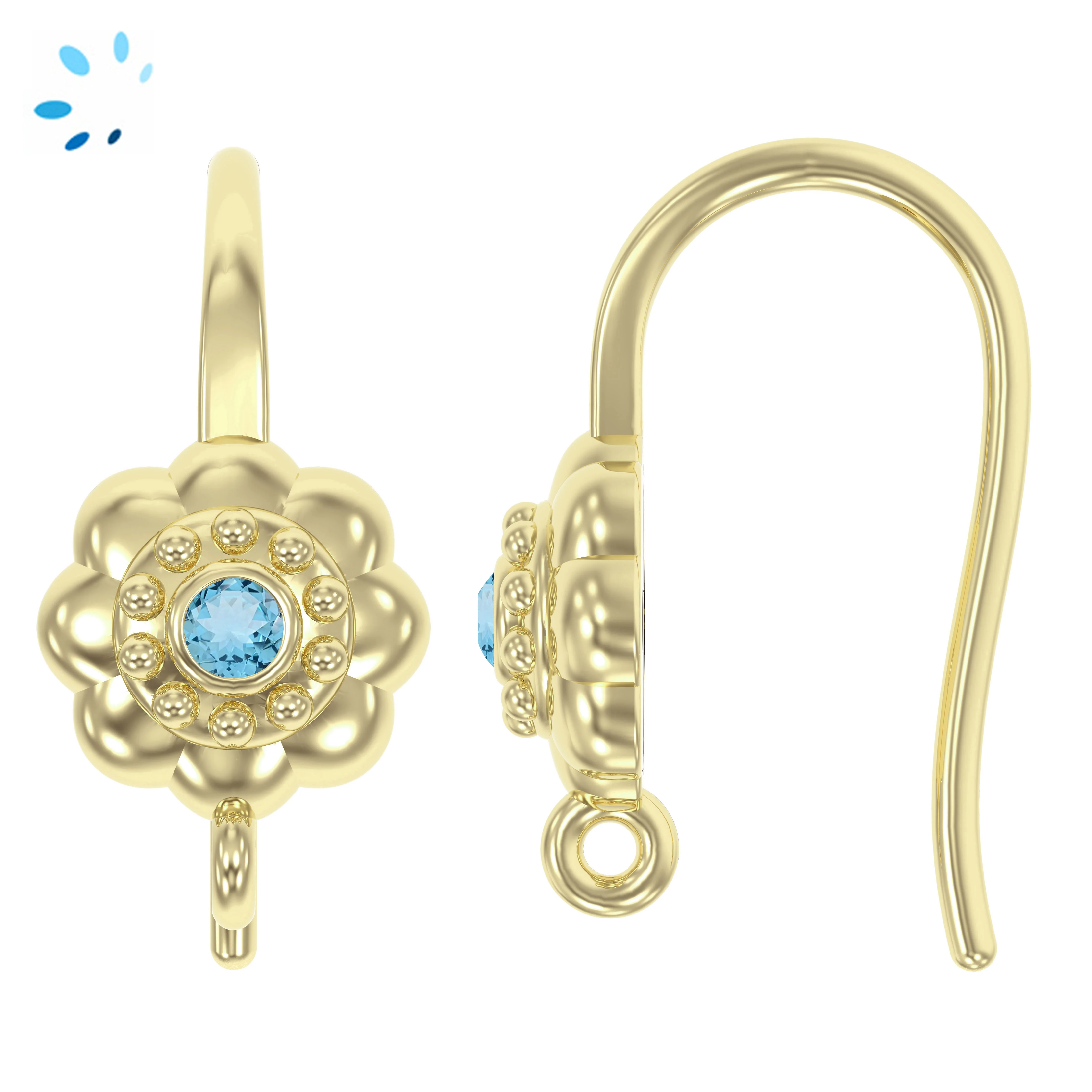 Sterling Silver 18k Gold Plated Blue Topaz Flower French Hook Ear Wire with Charm Loop - 1 Pair