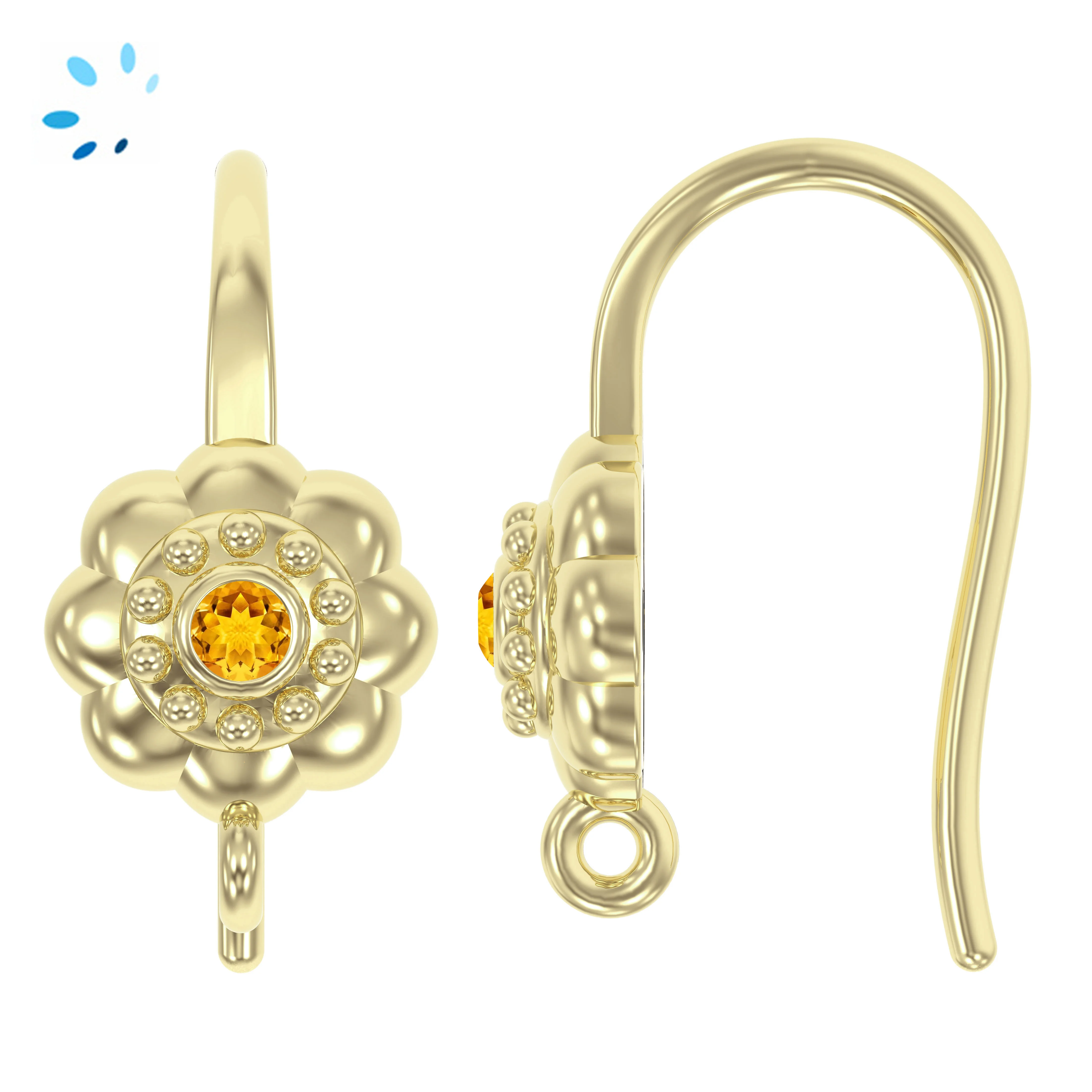 Sterling Silver 18k Gold Plated Citrine Flower French Hook Ear Wire with Charm Loop - 1 Pair