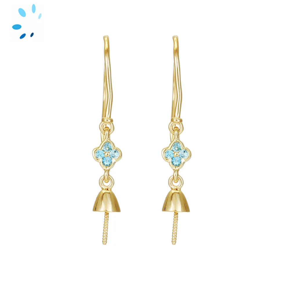 Sterling Silver 18k Gold Plated French Hook Ear Wire with Blue Topaz Connector Cup and Peg Earring Finding - 1 Pair