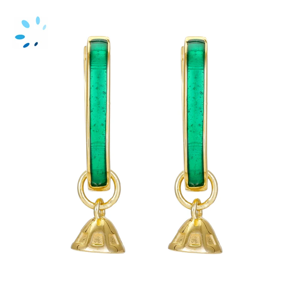 Sterling Silver 18k Gold Plated Green Enamel Huggie Hoop Earring Finding with Dangle Charm Loop - 1 Pair