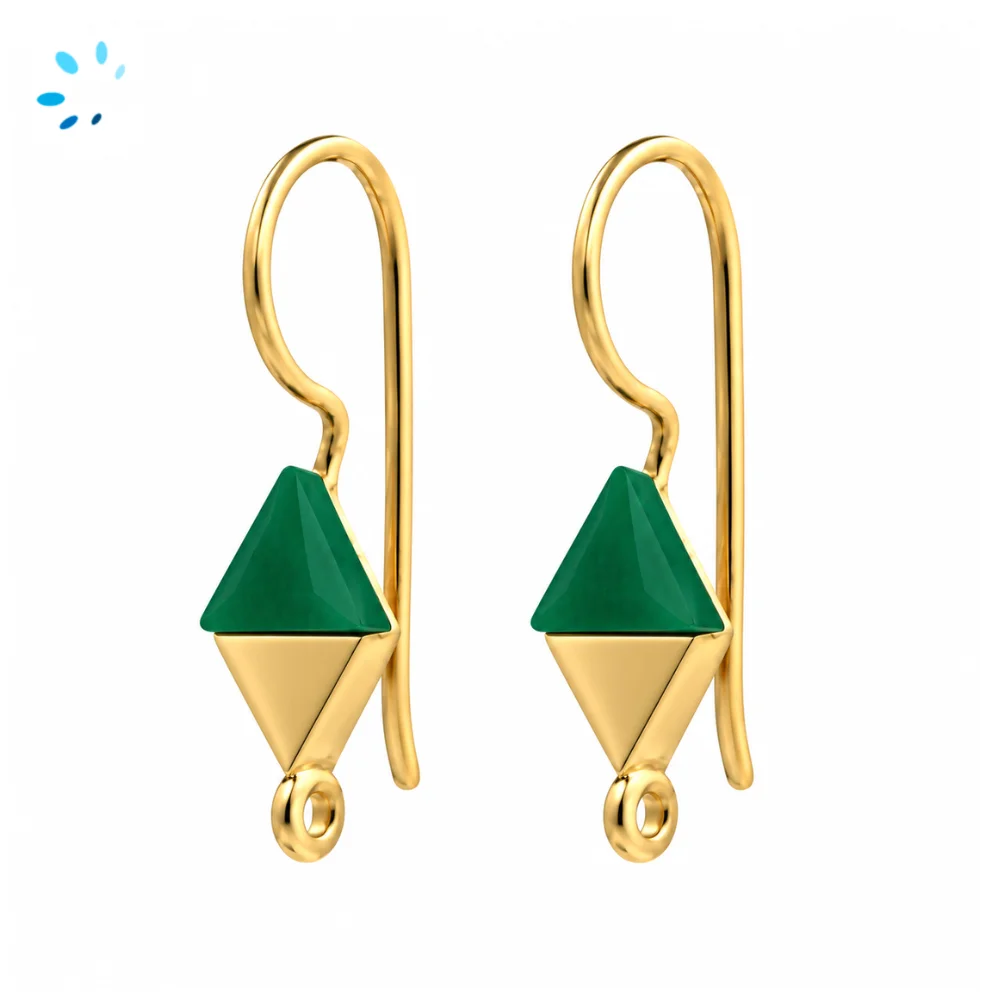 Sterling Silver 18k Gold Plated Green Onyx Kite Shape French Hook Ear Wire with Charm Loop - 1 Pair