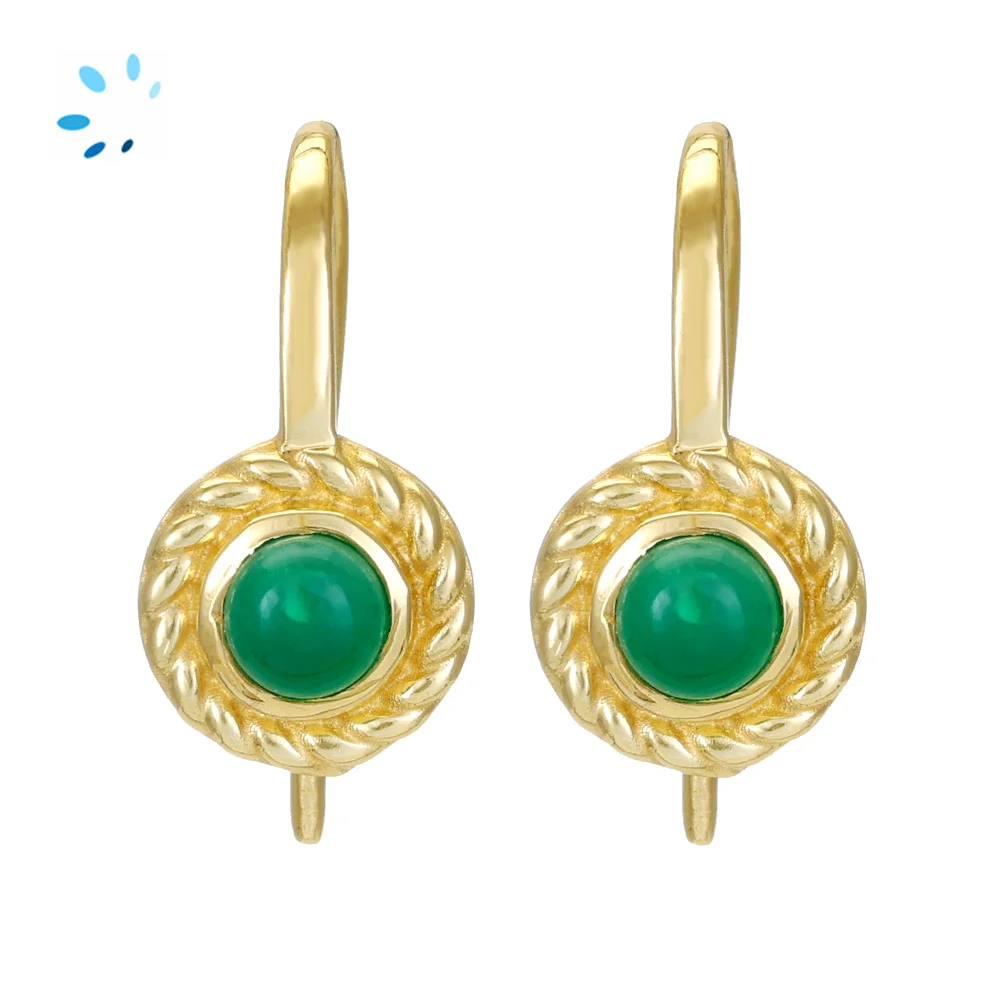 Sterling Silver 18k Gold Plated Green Onyx Twisted Edge French Hook Ear Wire with Charm Loop - 1 Pair