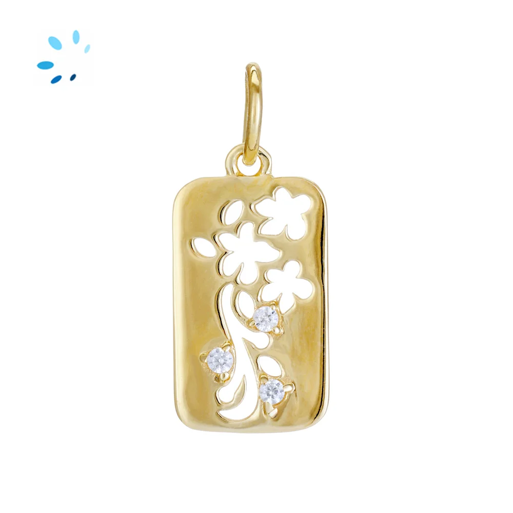 Sterling Silver 18k Gold Plated Natural Zircon Floral Rectangle Tag Pendant Charm with Bail - 1 Piece