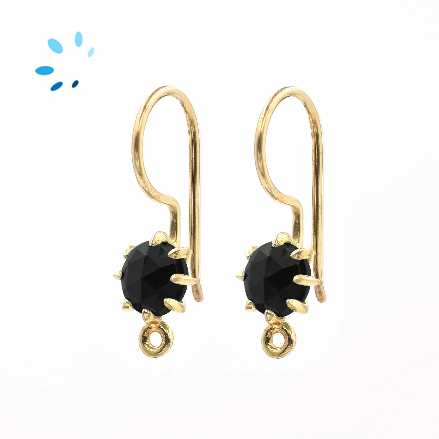 Sterling Silver 18k Gold Plated Prong-Set Black Onyx French Hook Ear Wire with Charm Loop - 1 Pair