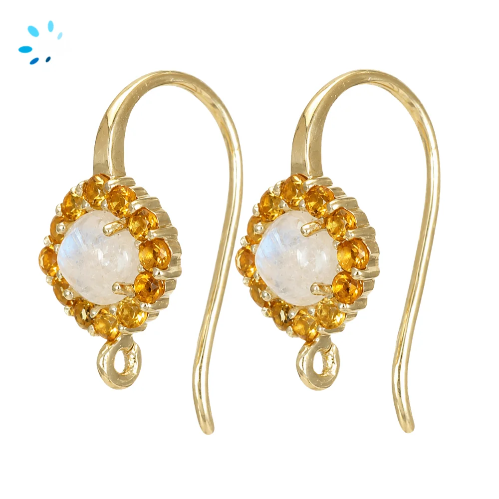 Sterling Silver 18k Gold Plated Rainbow Moonstone & Citrine Halo French Hook Ear Wire with Charm Loop - 1 Pair