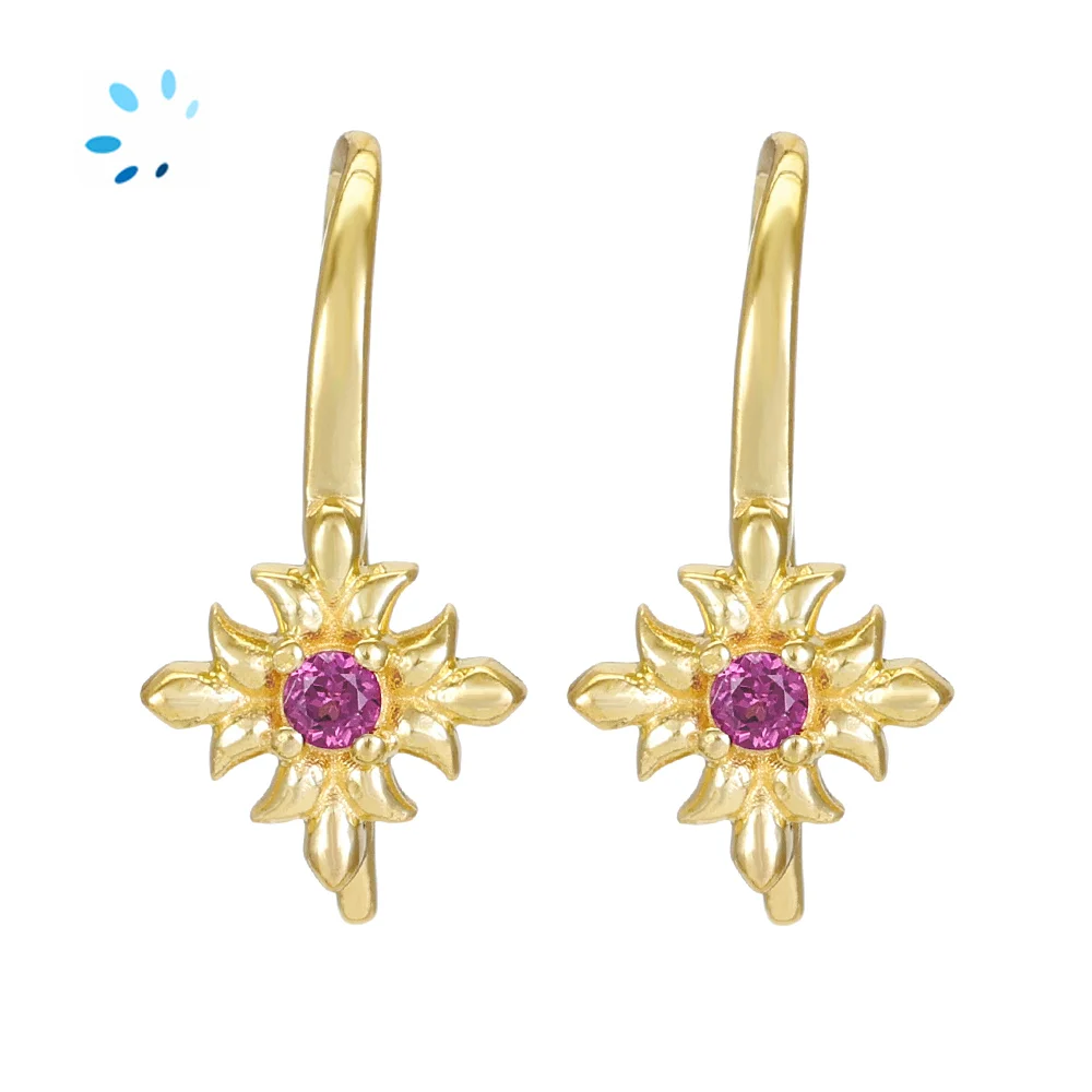 Sterling Silver 18k Gold Plated Rhodolite Garnet Floral French Hook Ear Wire with Charm Loop - 1 Pair