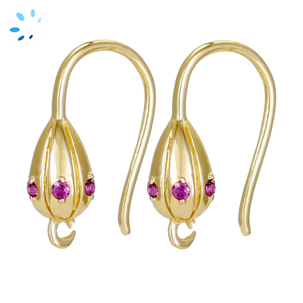 Sterling Silver 18k Gold Plated Rhodolite Garnet Flower Bud French Hook Ear Wire with Charm Loop - 1 Pair