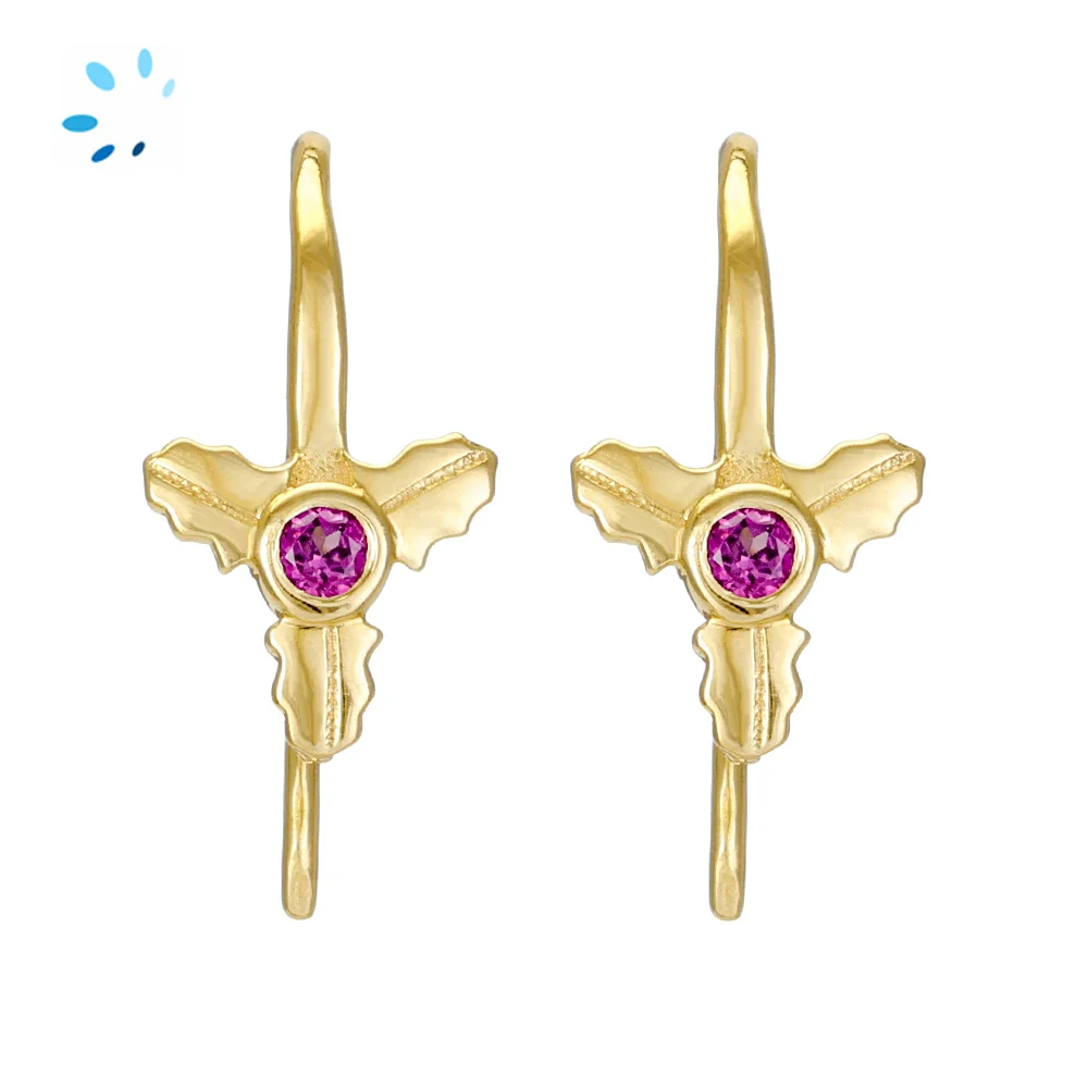 Sterling Silver 18k Gold Plated Rhodolite Garnet Leaf Motif French Hook Ear Wire with Charm Loop - 1 Pair