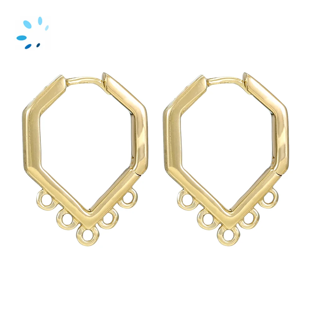 Sterling Silver 18k Gold Plated Ribbed Hexagon Huggie Hoop Earring Finding with 5 Charm Loops - 1 Pair