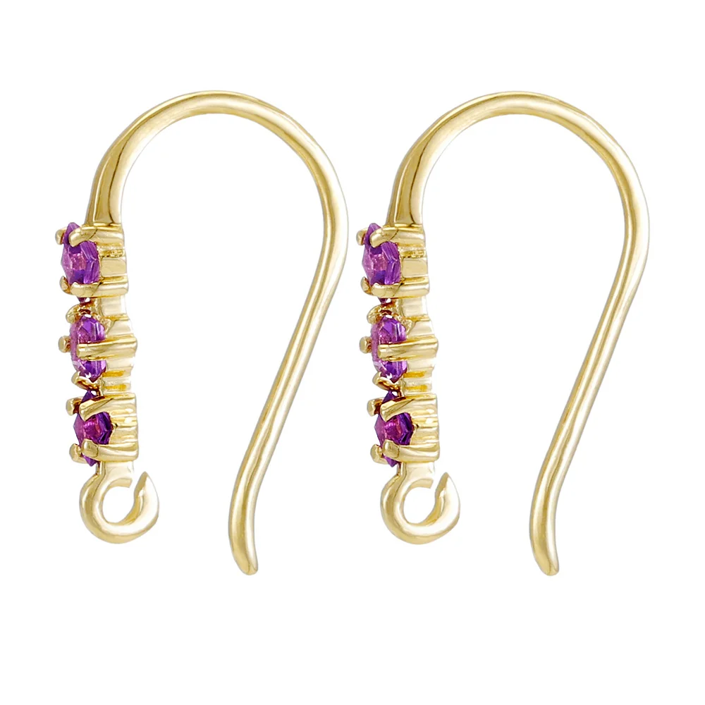 Sterling Silver 18k Gold Plated Triple Amethyst French Hook Ear Wire with Charm Loop - 1 Pair