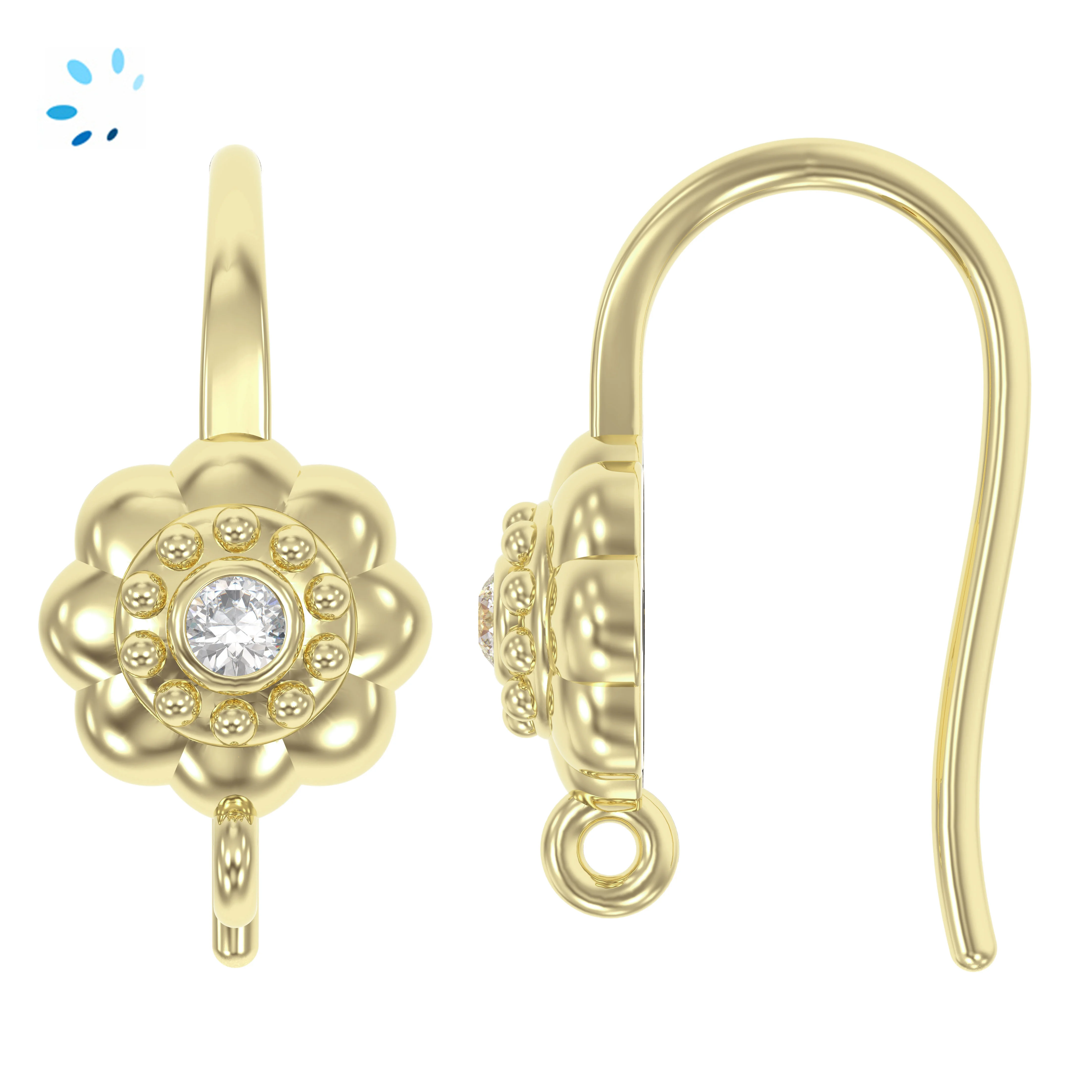 Sterling Silver 18k Gold Plated White Topaz Flower French Hook Ear Wire with Charm Loop - 1 Pair