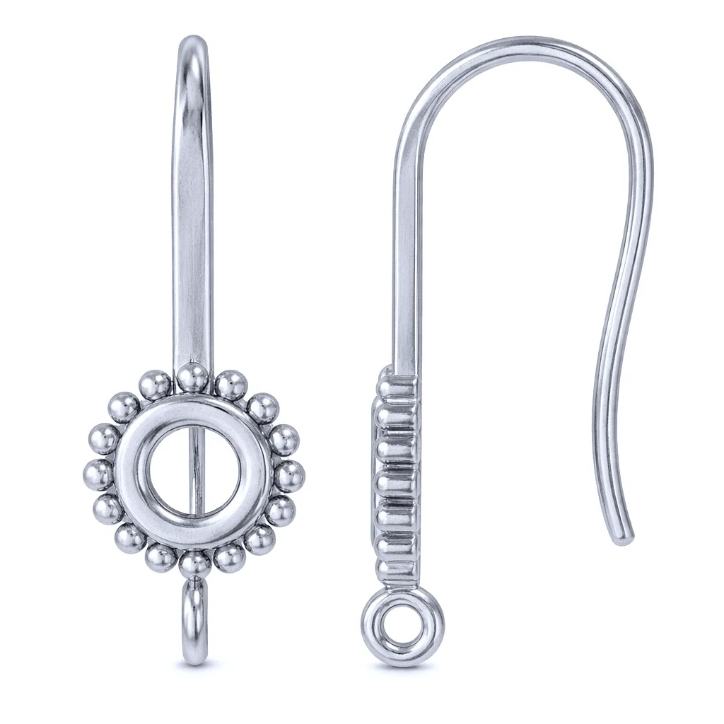 Sterling Silver Oxidized Beaded Halo French Hook Ear Wire with Charm Loop - 1 Pair