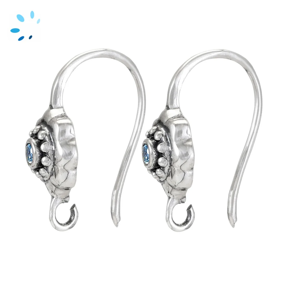 Sterling Silver Platinium Plated Blue Topaz Flower French Hook Ear Wire with Charm Loop - 1 Pair