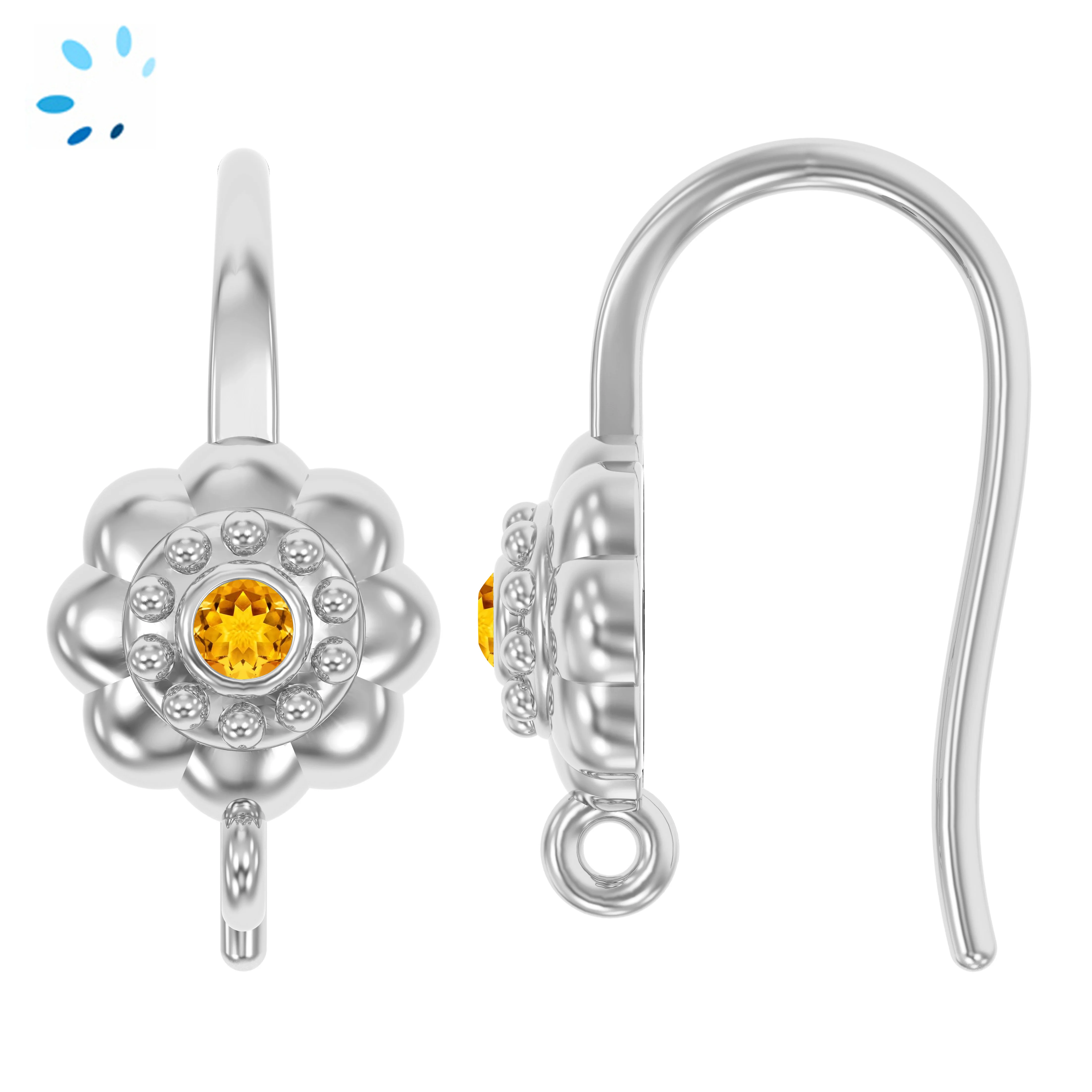Sterling Silver Platinium Plated Citrine Flower French Hook Ear Wire with Charm Loop - 1 Pair