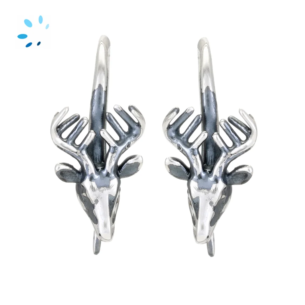 Sterling Silver Platinium Plated Deer Stag Head French Hook Ear Wire with Charm Loop - 1 Pair
