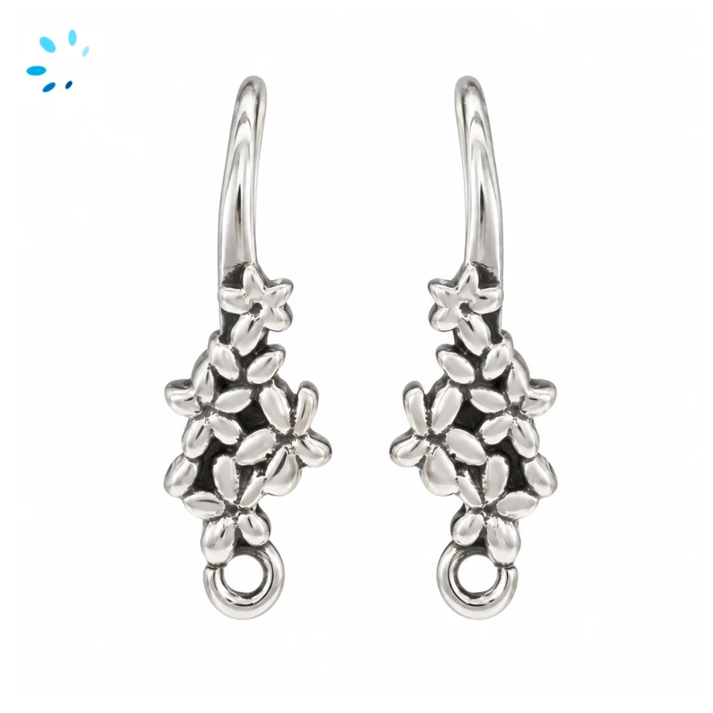 Sterling Silver Platinium Plated Floral Cluster French Hook Ear Wire with Charm Loop - 1 Pair