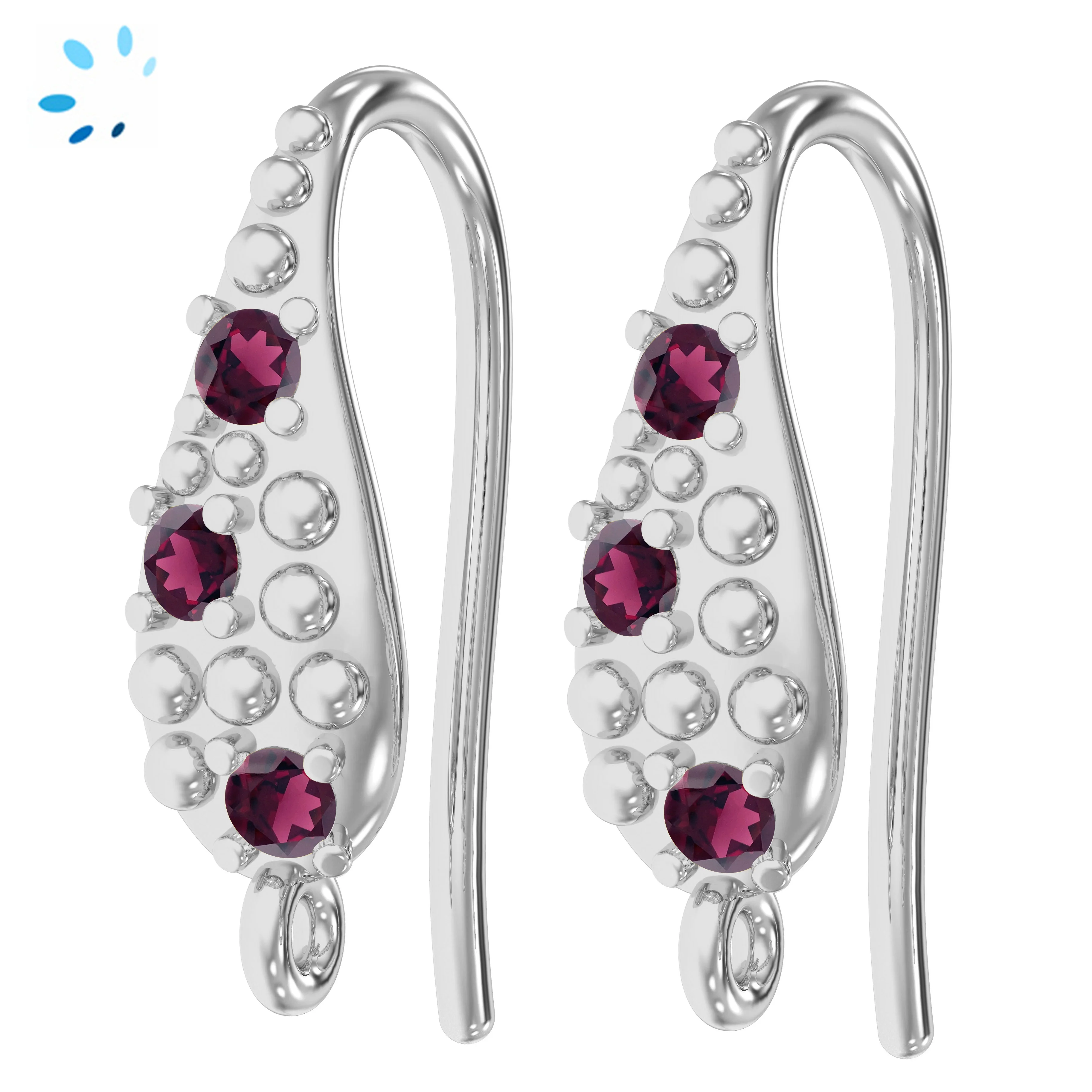 Sterling Silver Platinium Plated Garnet Teardrop French Hook Earring Findings with Loop - 1 Pair