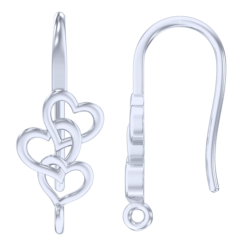 Sterling Silver Platinium Plated Triple Interlocking Heart French Hook Ear Wire with Charm Loop - 1 Pair