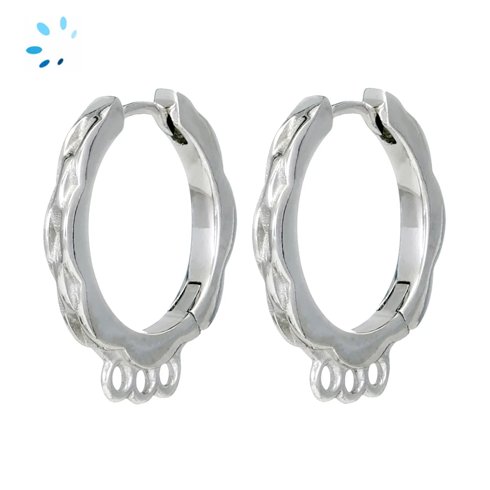 Sterling Silver Platinium Plated Wavy Edge Earring Finding with 3 Charm Loops - 1 Pair