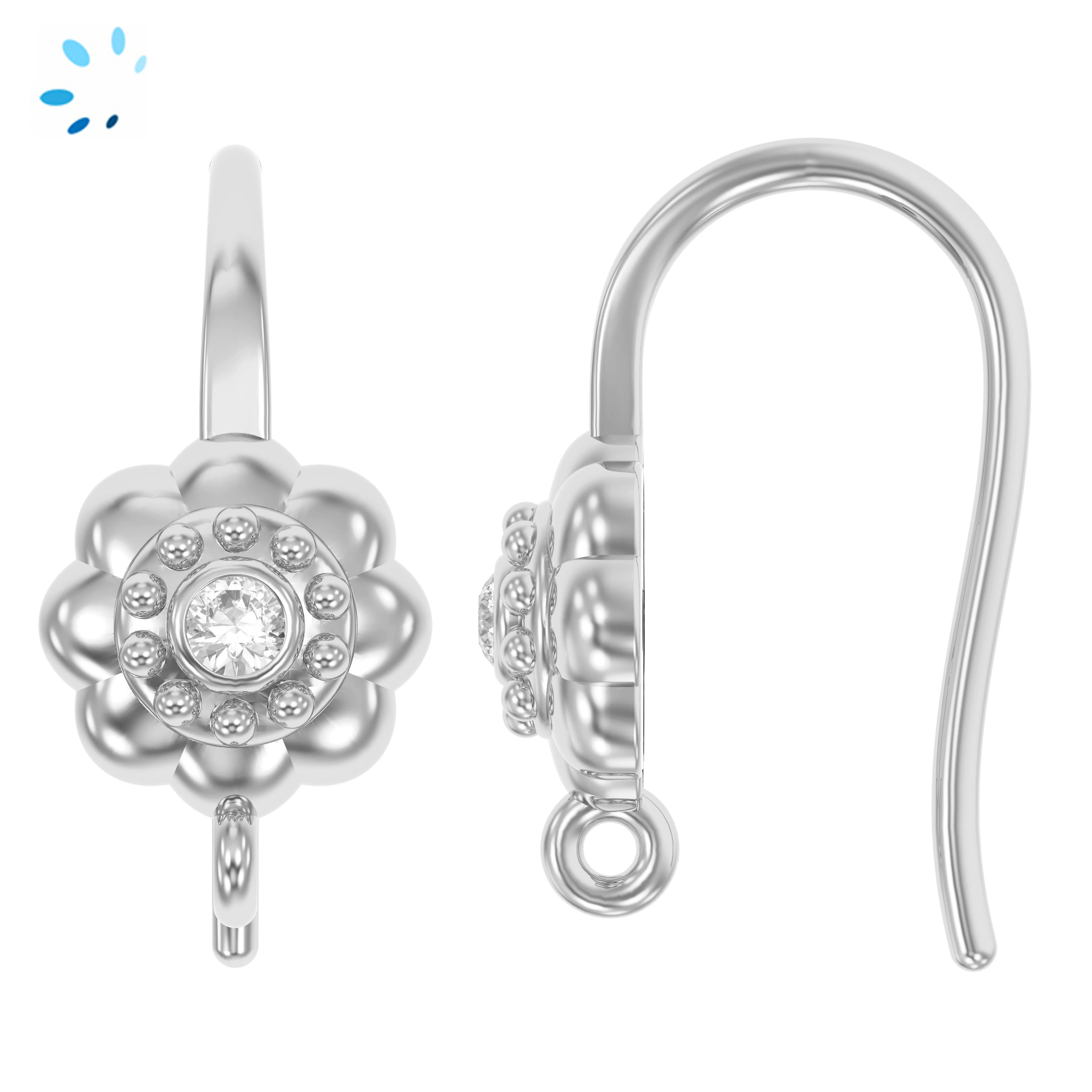 Sterling Silver Platinium Plated White Topaz Flower French Hook Ear Wire with Charm Loop - 1 Pair