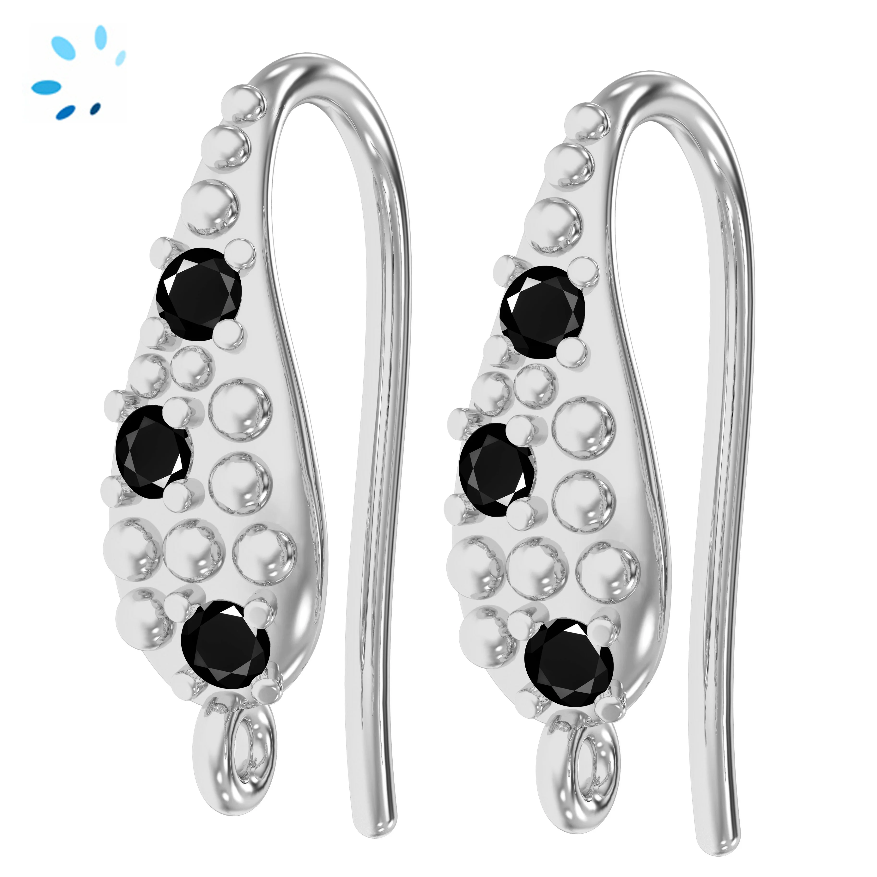 Sterling Silver Platinum Plated Black Spinel Teardrop French Hook Ear Wire with Charm Loop - 1 Pair