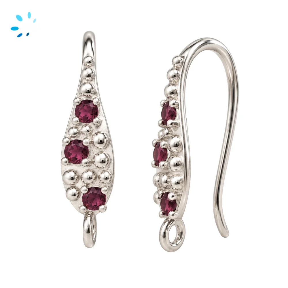 Sterling Silver Platinum Plated Garnet Teardrop French Hook Ear Wire with Charm Loop - 1 Pair