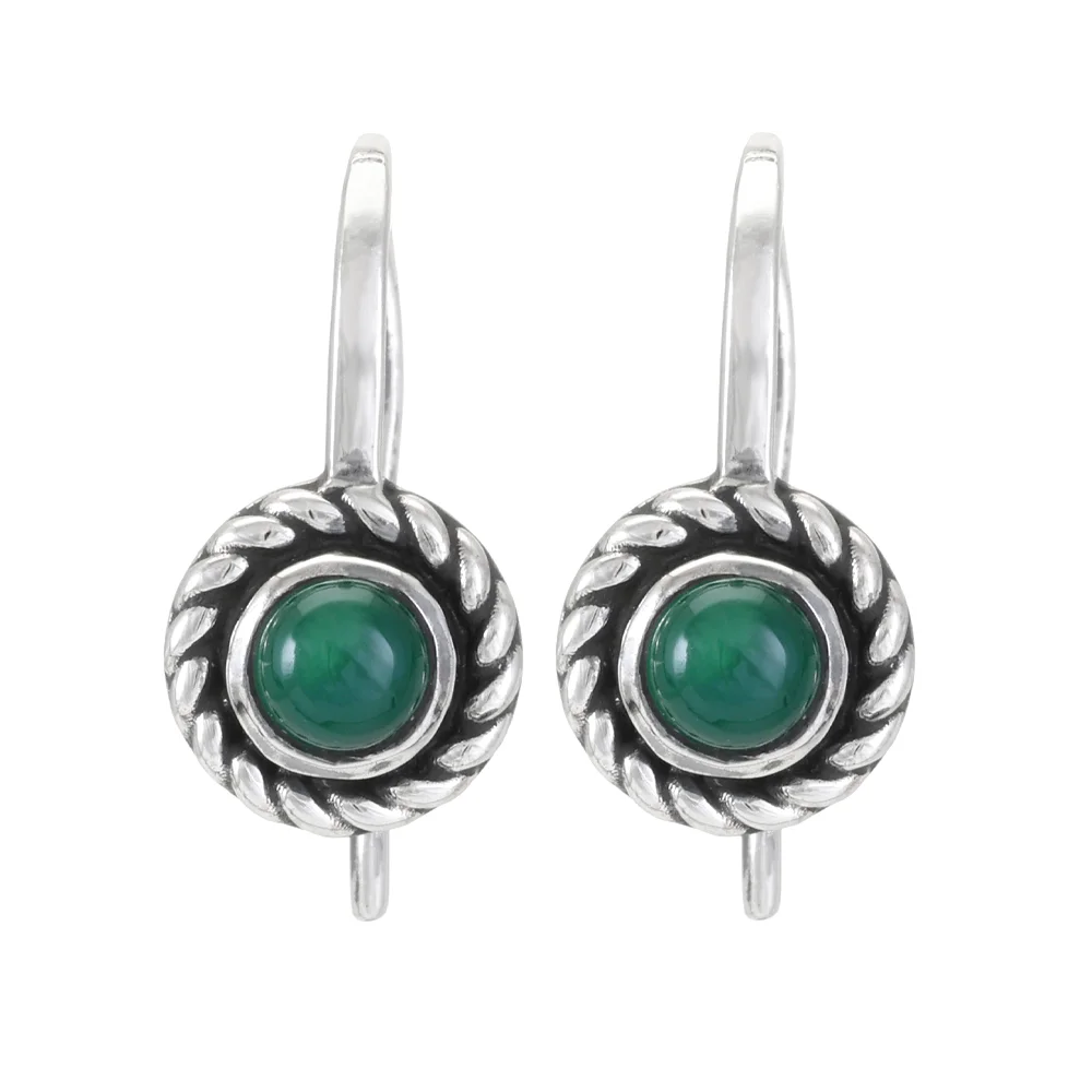 Sterling Silver Platinum Plated Green Onyx Twisted Edge French Hook Ear Wire with Charm Loop - 1 Pair