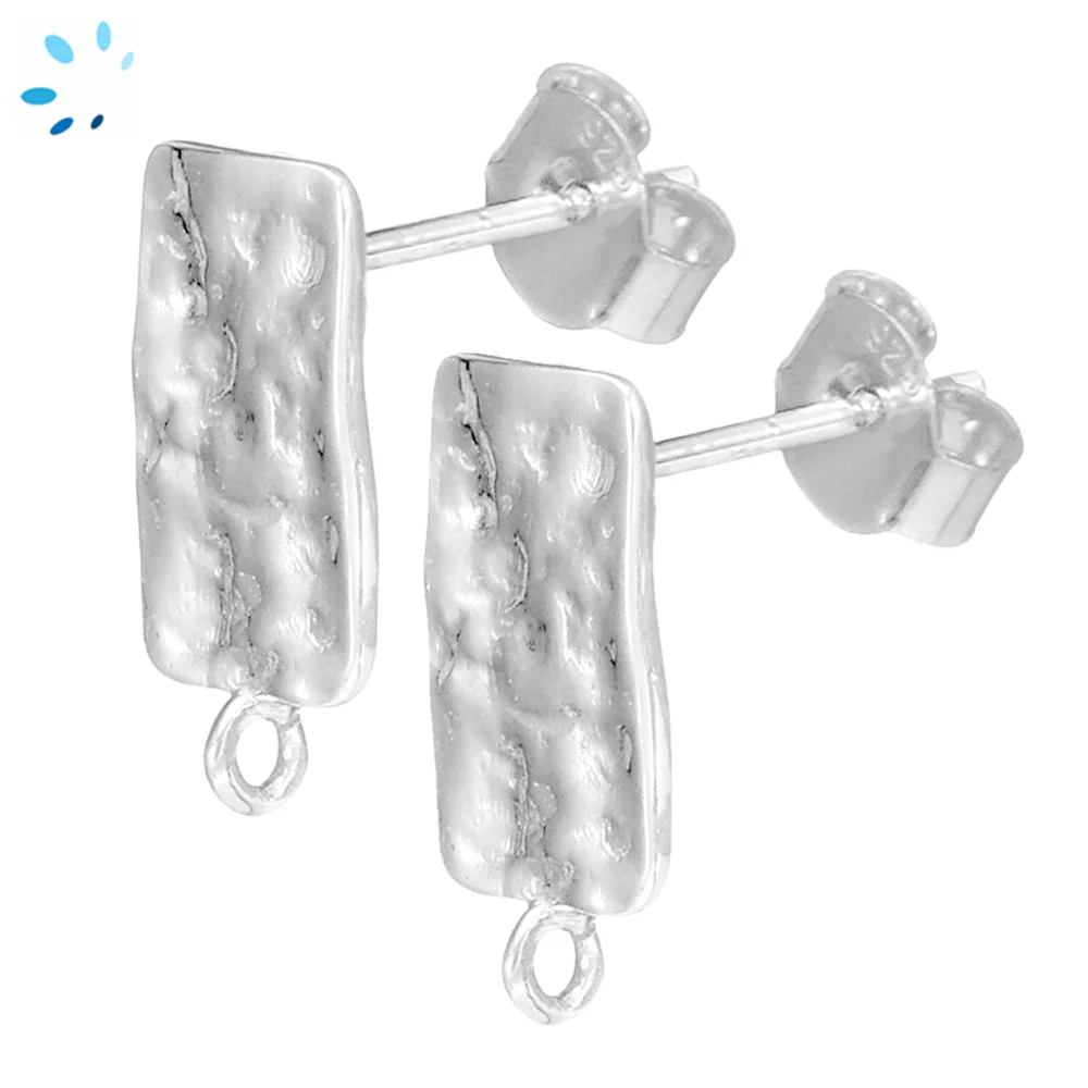 Sterling Silver Platinum Plated Hammered Rectangle Earring Finding with Charm Loop - 1 Pair