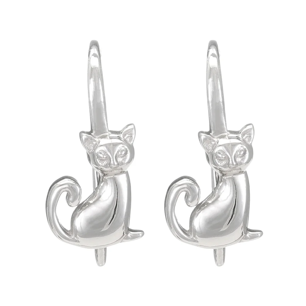 Sterling Silver Platinum Plated Kitten Cat French Hook Ear Wire with Charm Loop - 1 Pair