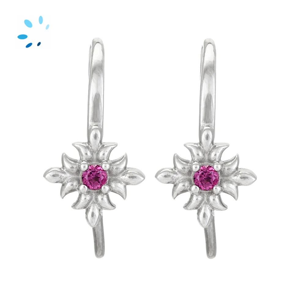 Sterling Silver Platinum Plated Rhodolite Garnet Floral French Hook Ear Wire with Charm Loop - 1 Pair