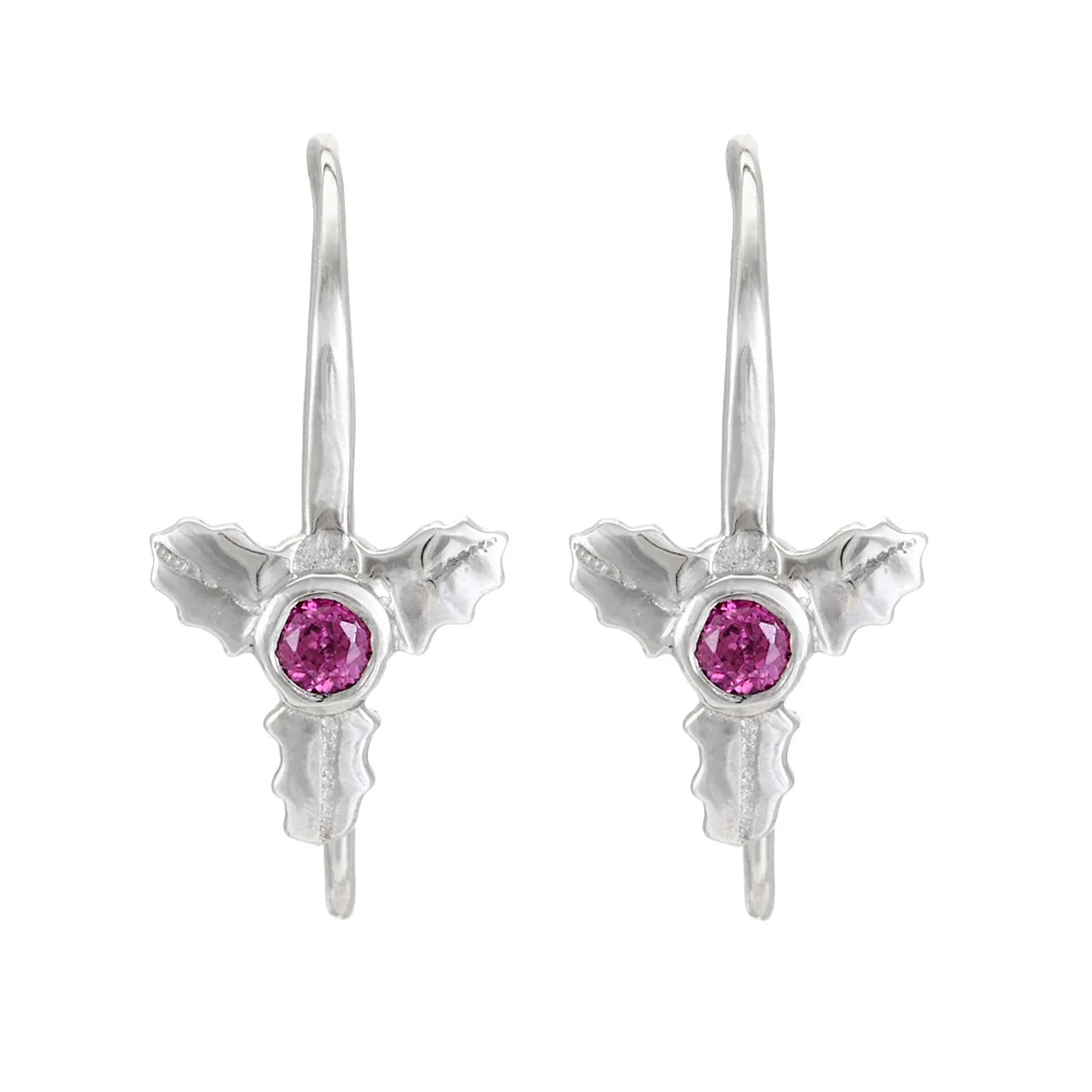 Sterling Silver Platinum Plated Rhodolite Garnet Leaf Motif French Hook Ear Wire with Charm Loop - 1 Pair