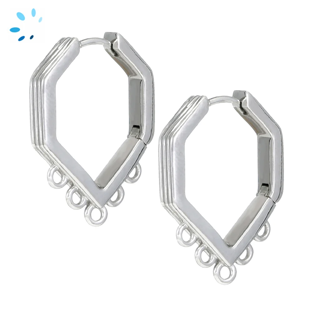 Sterling Silver Platinum Plated Ribbed Hexagon Huggie Hoop Earring Finding with 5 Charm Loops - 1 Pair