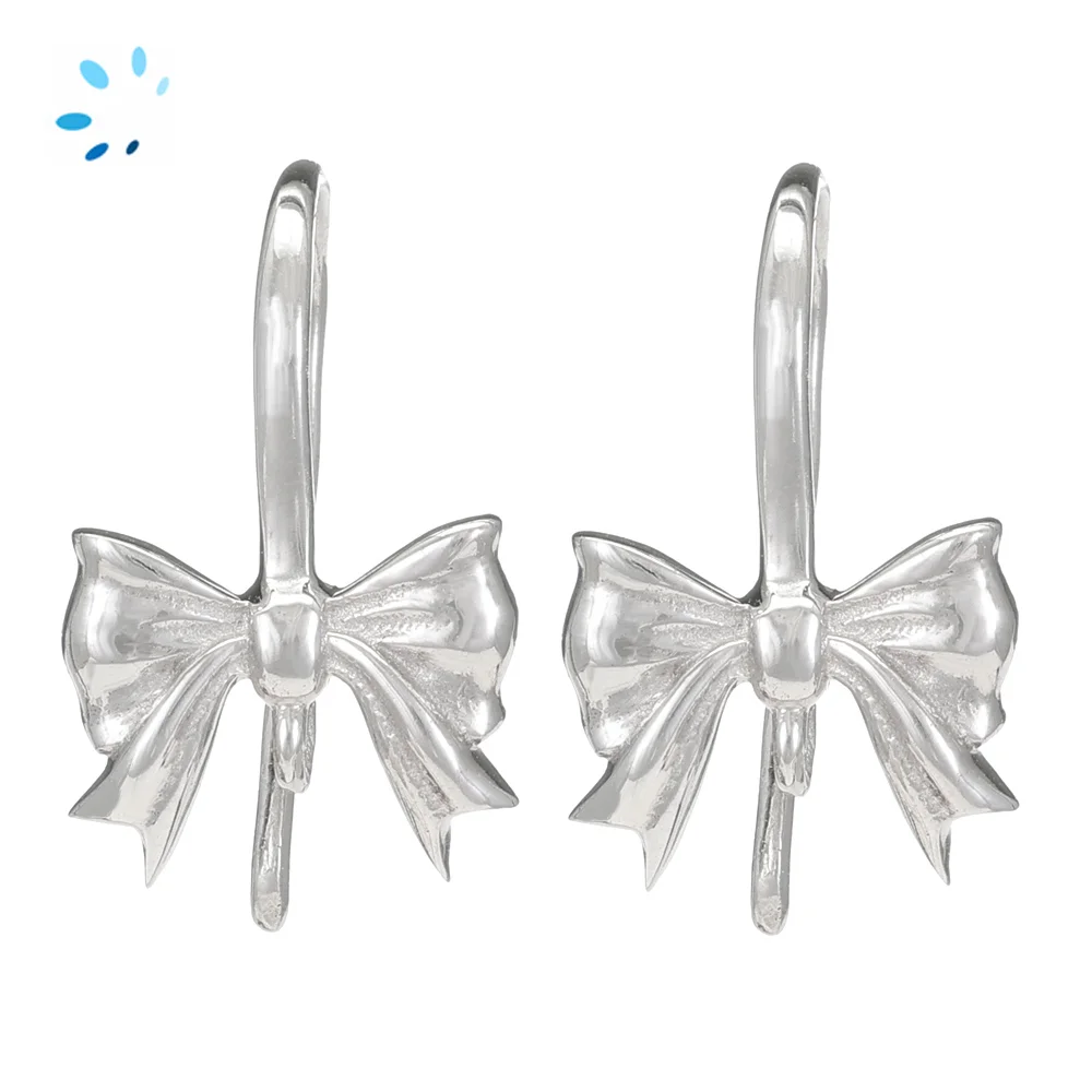 Sterling Silver Platinum Plated Ribbon Bow French Hook Ear Wire with Charm Loop - 1 Pair