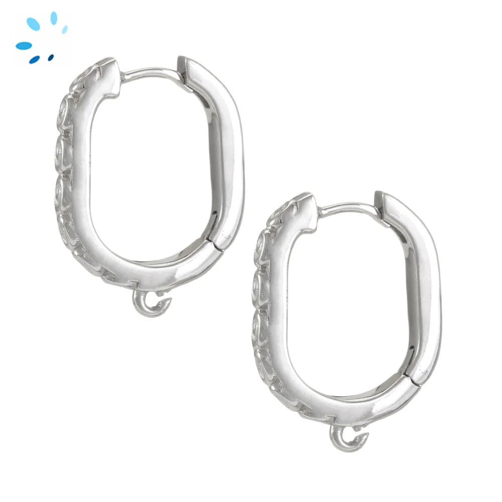 Sterling Silver Platinum Plated Spiral Pattern Huggie Hoop Earring Finding with Charm Loop - 1 Pair