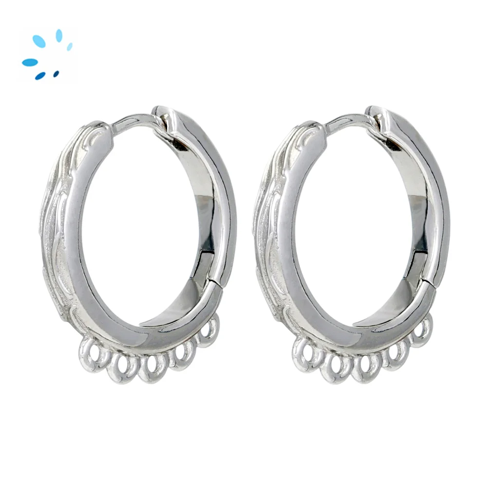 Sterling Silver Platinum Plated Textured Huggie Hoop Earring Finding with 5 Charm Loops - 1 Pair