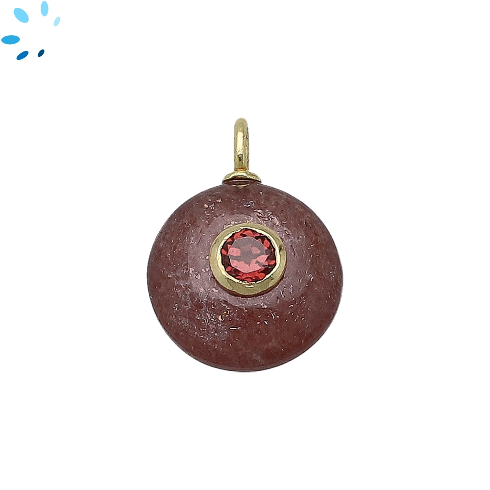 Strawberry Quartz & Garnet Round Inlay Charm Pendant 16mm - 18k Gold Plated Sterling Silver