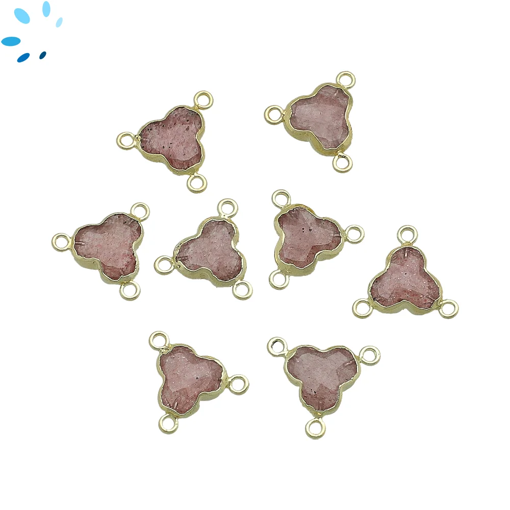 Strawberry Quartz Trefoil Connector 10mm 18k Gold Electroplated - Set of 4