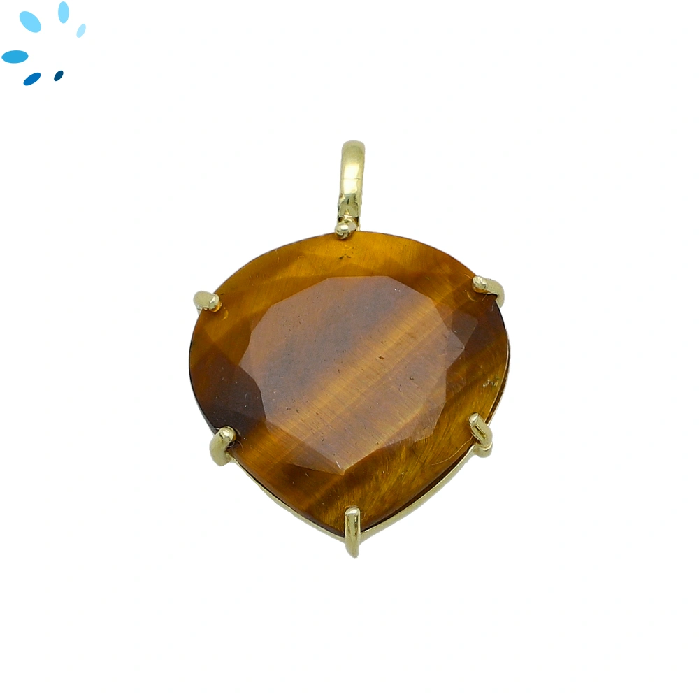 Tiger Eye Heart Prong-Set Pendant Charm 21mm - 18k Gold Plated Sterling Silver - 1 Piece