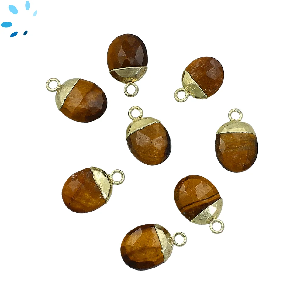Tiger Eye Oval Pendant Charm 10x8mm 18k Gold Electroplated - Set of 4