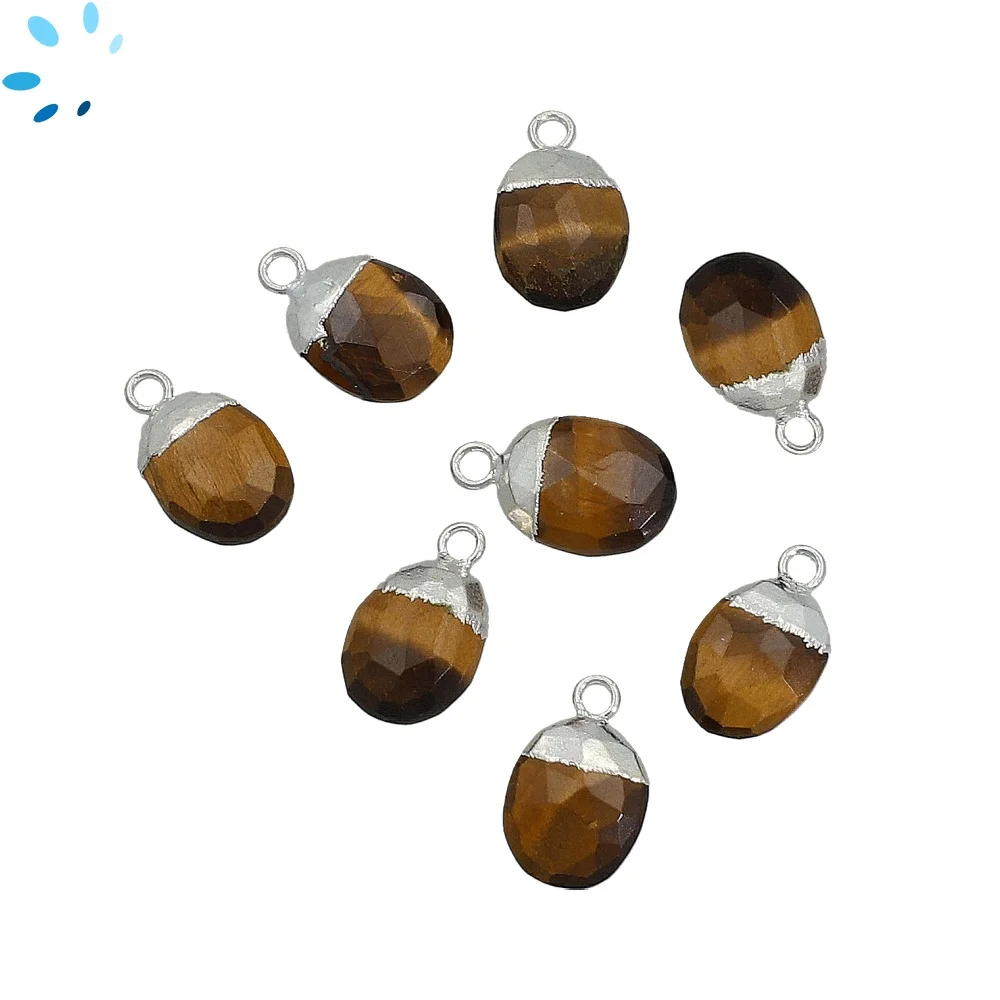 Tiger Eye Oval Pendant Charm 10x8mm Silver Electroplated - Set of 4