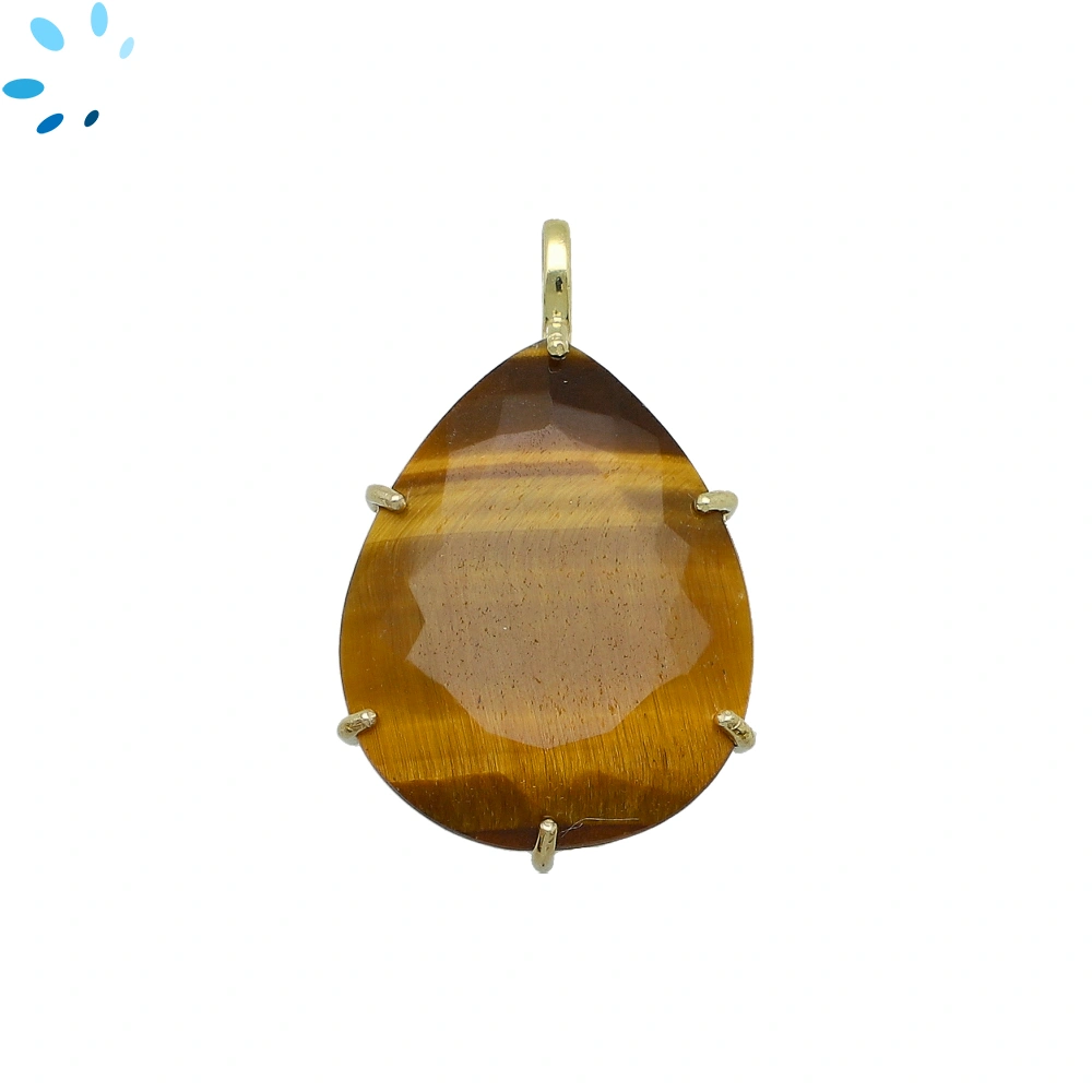 Tiger Eye Pear Prong-Set Pendant Charm 27x20mm - 18k Gold Plated Sterling Silver - 1 Piece