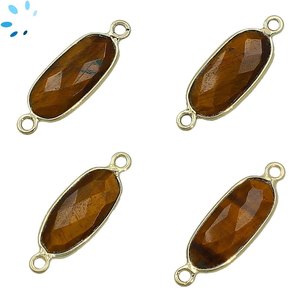 Tiger Eye Rectangle Bezel Connector 16x7 - 18x8mm - 18k Gold Plated Sterling Silver - Set of 4