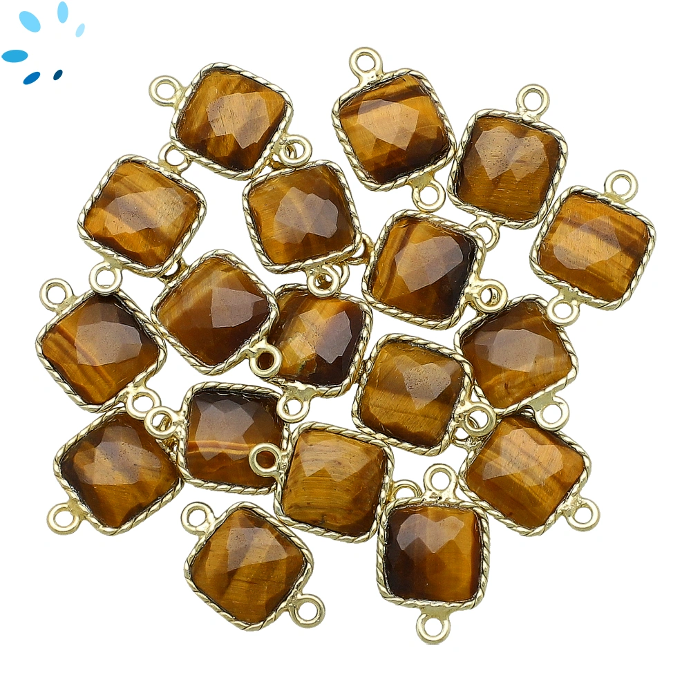 Tiger Eye Square Twisted Wire Bezel Connector 10x10mm - 18k Gold Plated Sterling Silver - Set of 4