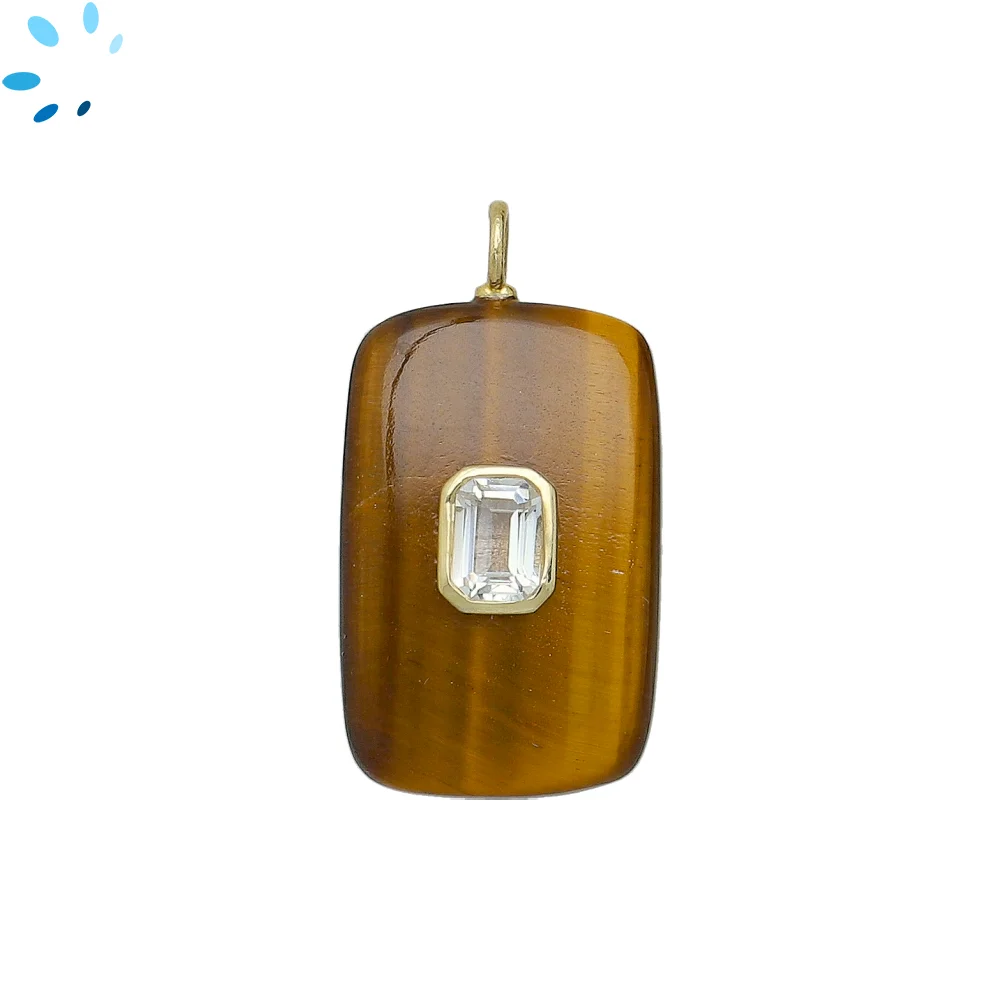 Tiger Eye & White Topaz Slab Rectangle Inlay Pendant Charm 28x18mm - 18k Gold Plated Sterling Silver 1 Piece